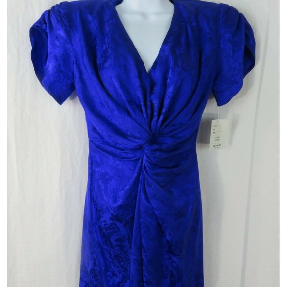 Vintage 80s Knee Length Silk Dress XS Purple Knotted Front Gathered Sleeve NWT - Picture 7 of 12